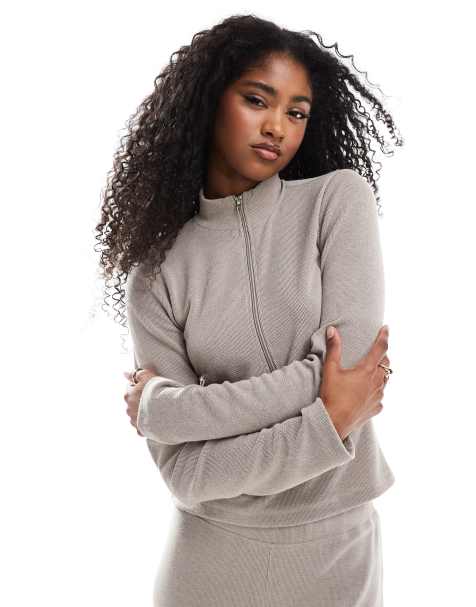 Miss Selfridge soft touch rib half zip top co ord in mushroom