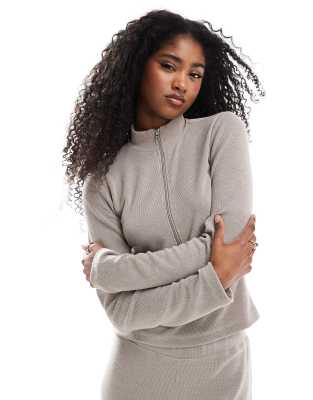 Miss Selfridge Soft Touch Rib Half Zip Top In Mushroom - Part Of A Set-neutral