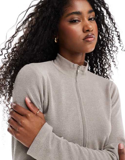 Miss Selfridge soft touch rib half zip top in mushroom - part of a set, 3 of 4