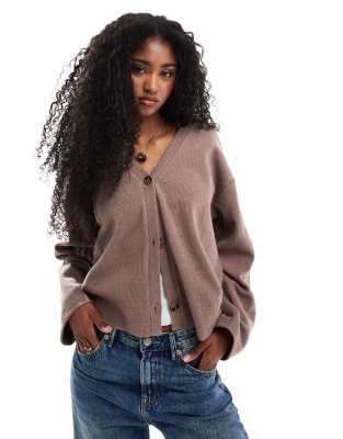 Miss Selfridge Soft Touch Rib Relaxed V-neck Cardigan In Mushroom-blue