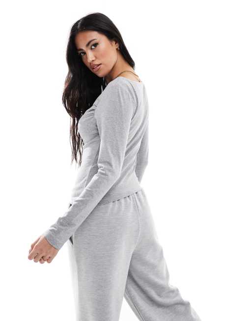 Miss Selfridge soft touch ruched long sleeve top co ord in grey marl, 3 of 4