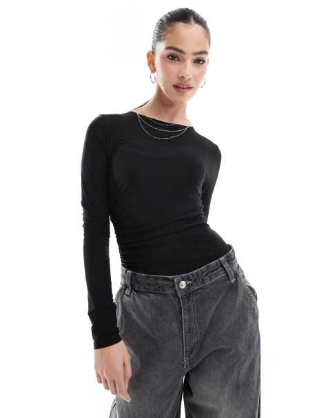 Miss Selfridge soft touch ruched side bodysuit in black - view 1