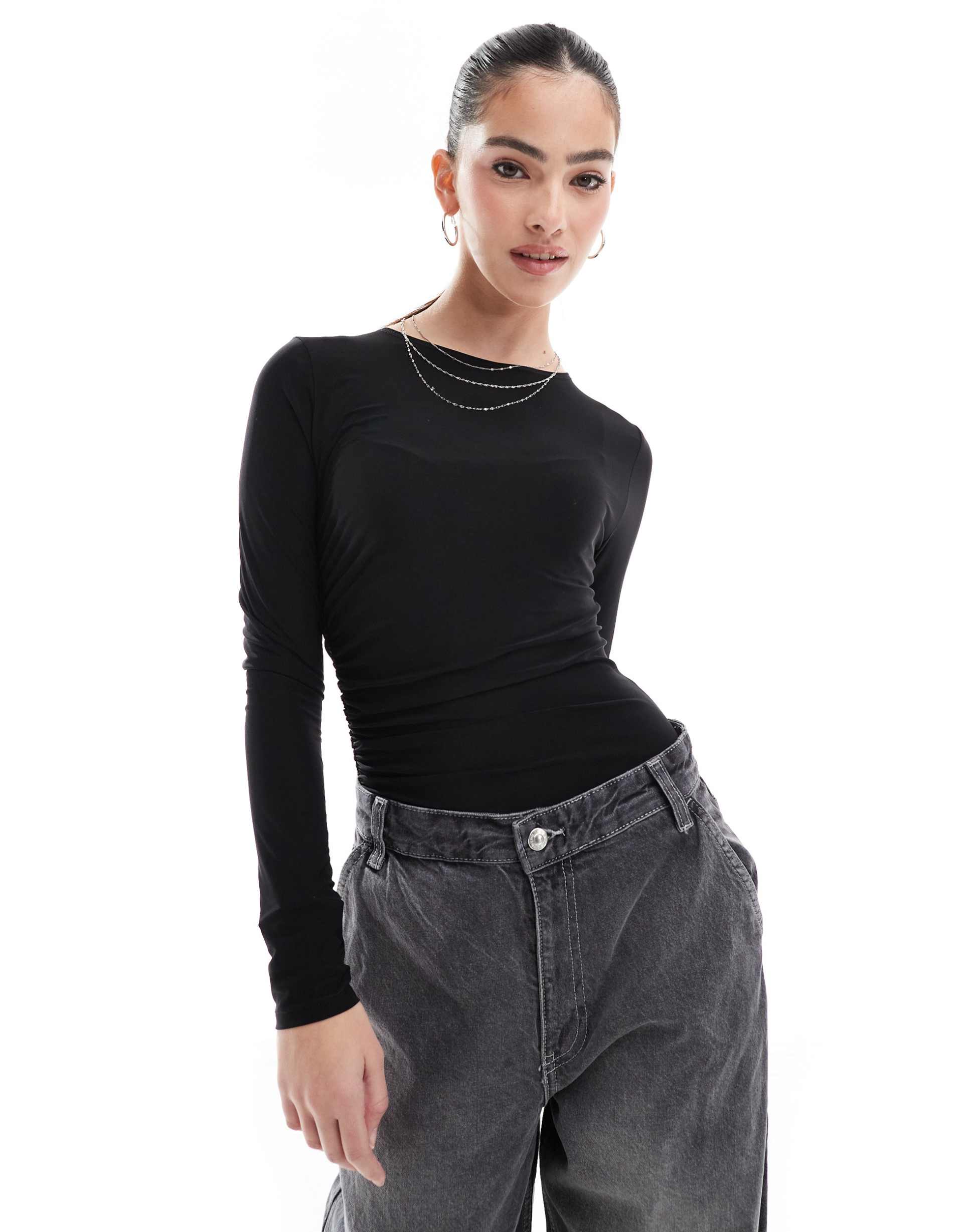 miss selfridge soft touch ruched side bodysuit in black
