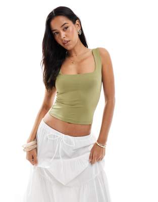 Miss Selfridge soft touch square neck cami top in khaki-pink