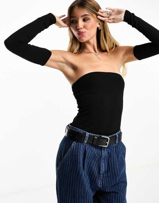 Miss Selfridge - Sort bandeau-bodystocking med aftagelige ærmer