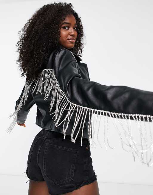 Miss Selfridge - Sort bikerjakke med rhinstensfrynser 