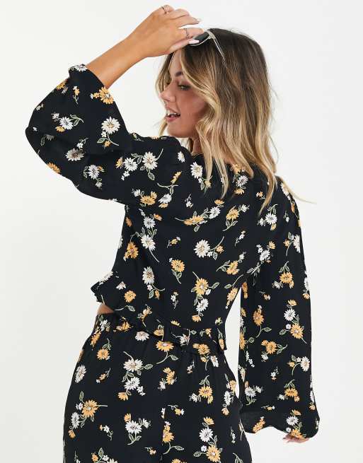 Miss Selfridge - Sort bluse med bindebånd foran og solsikkemønster, 2 af 4