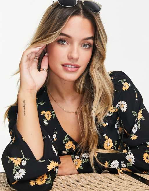 Miss Selfridge - Sort bluse med bindebånd foran og solsikkemønster, 3 af 4