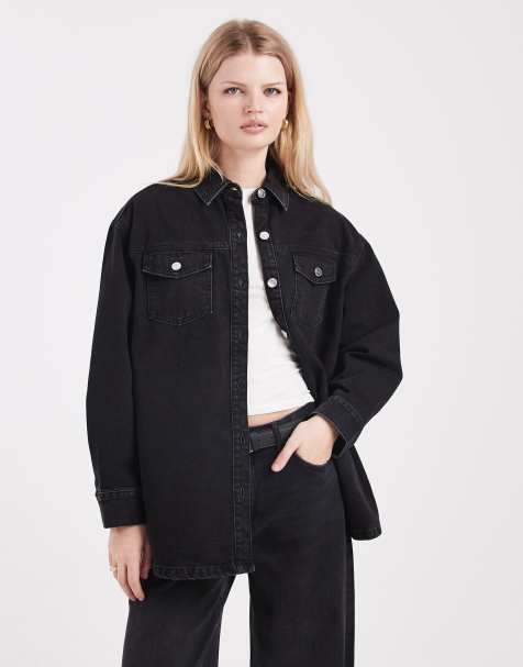 Miss Selfridge - Sort forvasket og langærmet denimskjorte - view 1