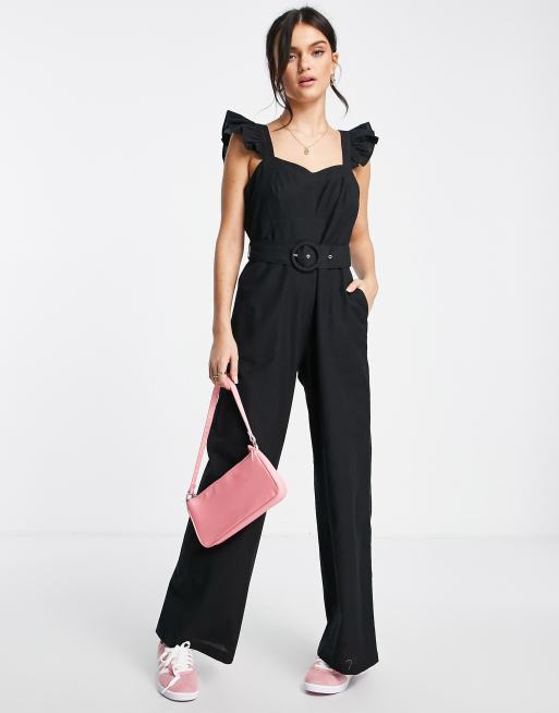 Miss Selfridge - Sort jumpsuit med bælte i bomuldshør