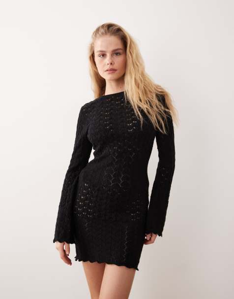 Miss Selfridge - Sort langærmet minikjole i hæklet materiale med taljedetalje - view 1
