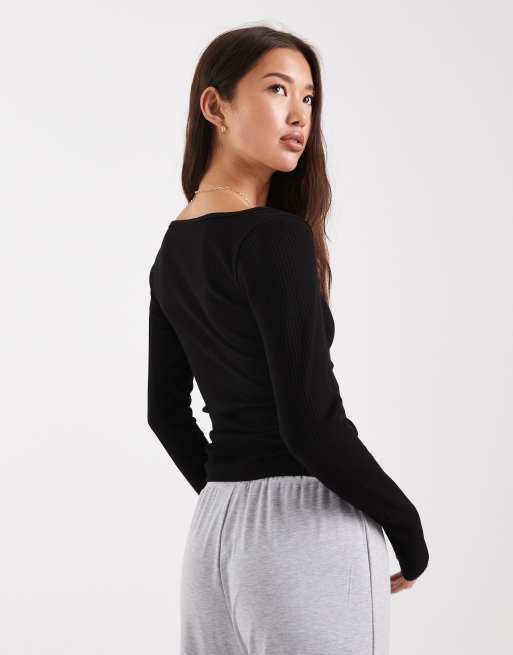 Miss Selfridge - Sort langærmet top med firkantet hals i ribstrik, 4 af 4