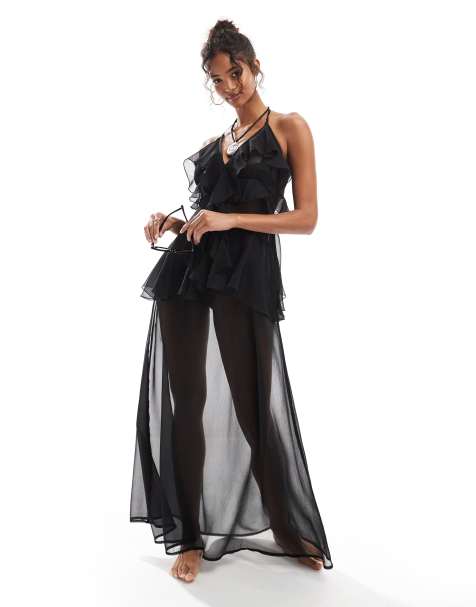 Miss Selfridge - Sort maxi-strandkjole i chiffon med flæser - view 1