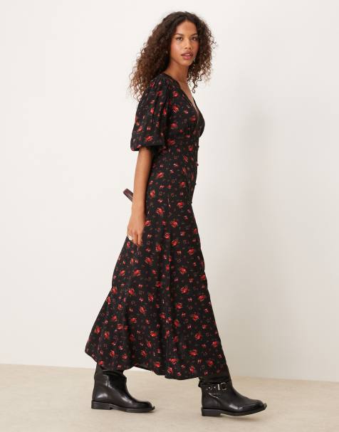 Miss Selfridge - Sort maxikjole med blondekant og knapper i roseprint - view 1