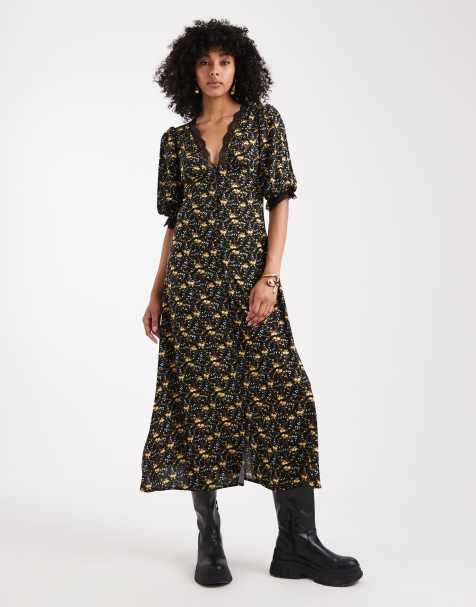 Miss Selfridge - Sort maxikjole med knapper og blondedetaljer - view 1