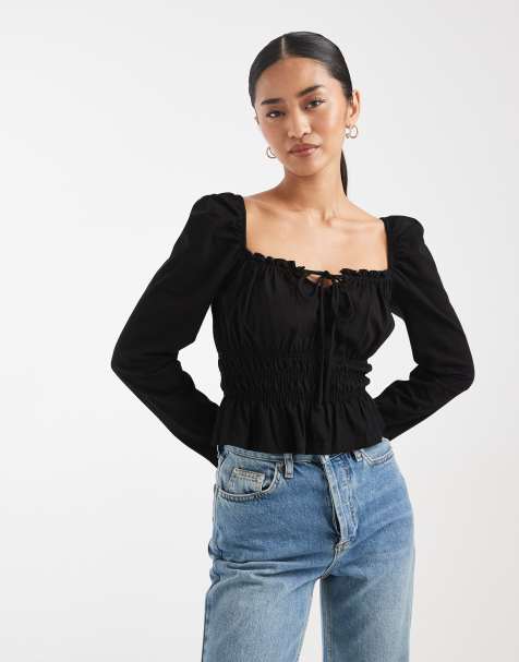 Miss Selfridge - Sort milkmaid-top med lange ærmer - view 1