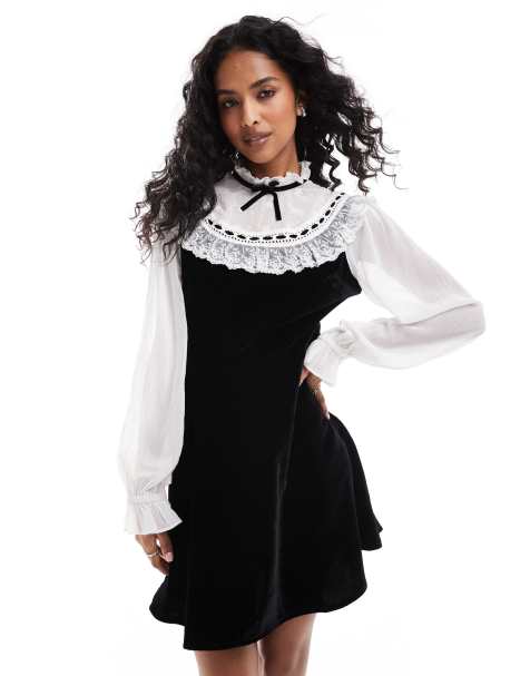 Miss Selfridge - Sort og hvid broderet minikjole i chiffon og velour - view 1