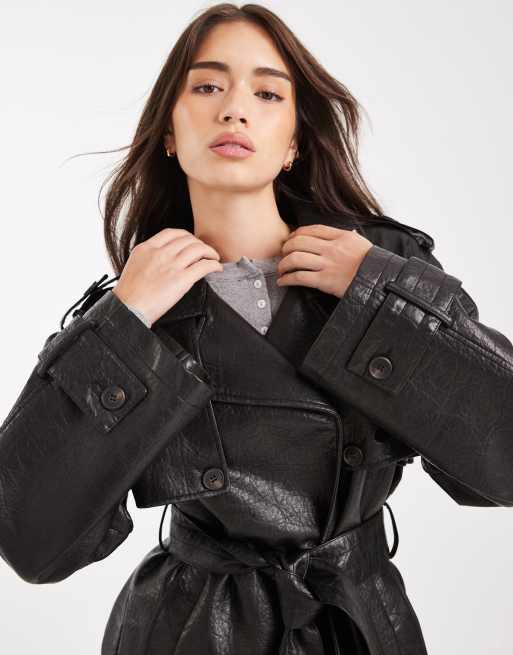 Miss Selfridge - Sort og mellemlang trenchcoat i imiteret læder, 3 af 4