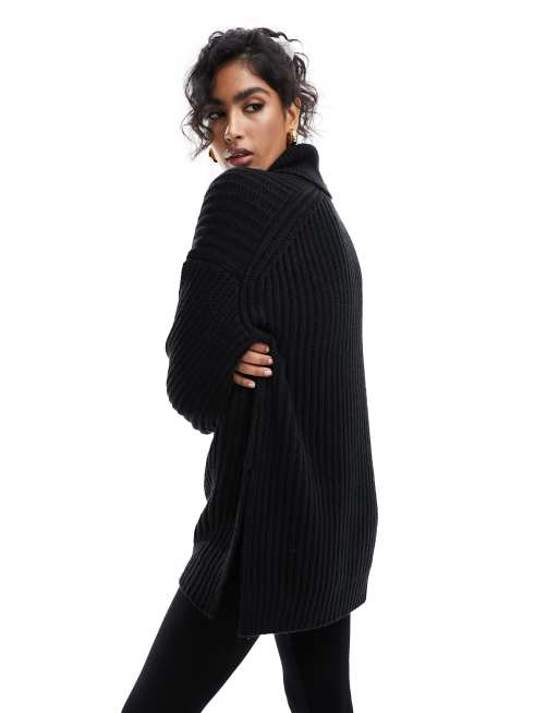 Miss Selfridge - Sort og oversized striktrøje i longline pasform med rullekrave og slids i siden, 2 af 4