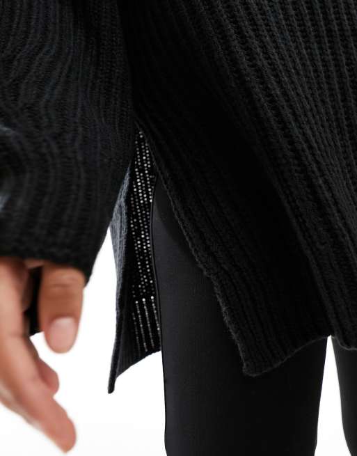 Miss Selfridge - Sort og oversized striktrøje i longline pasform med rullekrave og slids i siden, 3 af 4