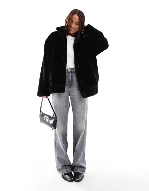 Miss Selfridge - Sort oversized bomber-jakke i imiteret pels - view 1