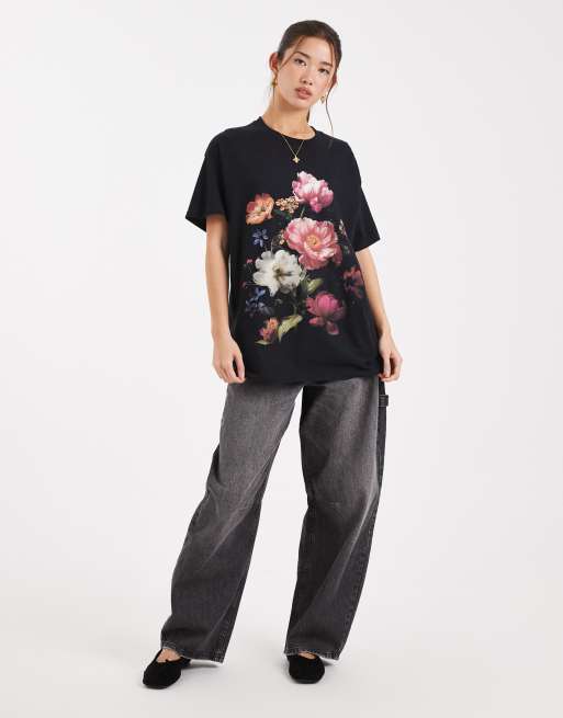 Miss Selfridge - Sort oversized T-shirt med fotografisk blomstermønster, 3 af 4