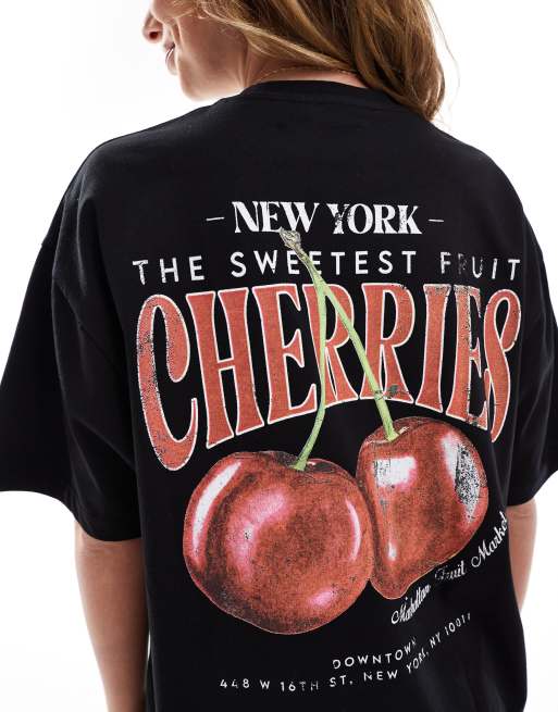 Miss Selfridge - Sort oversized T-shirt med kirsebærprint på ryggen, 3 af 4