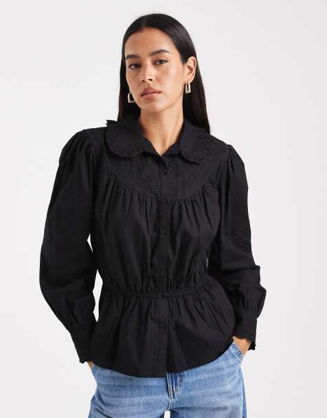 Miss Selfridge - Sort poplin-skjorte med peplum-kant og broderi - view 1