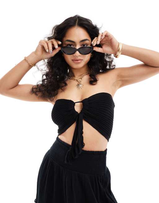 Miss Selfridge - Sort ribstrikket bandeau-top med bindebånd foran