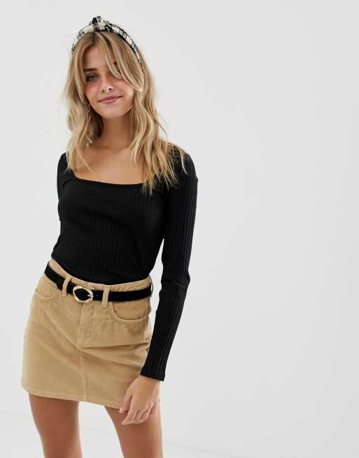 Miss Selfridge - Sort ribstrikket top med firkantet hals