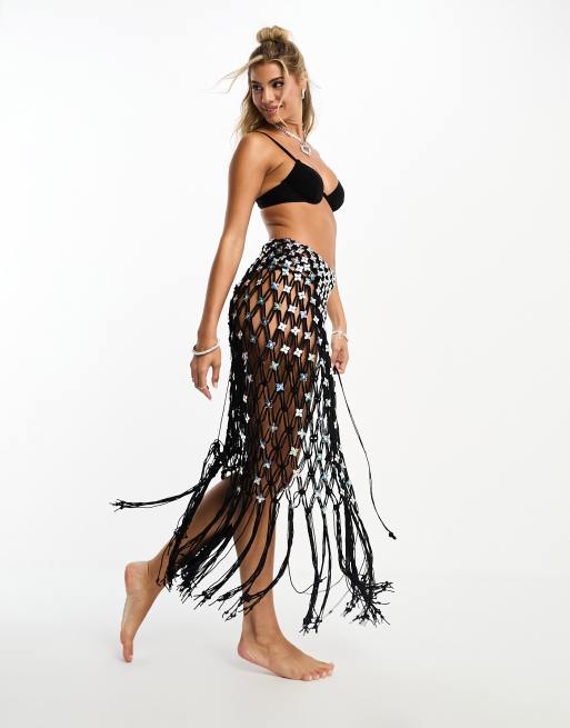 Miss Selfridge - Sort strand-maxinederdel med macrame-blomsterdetalje ned perler
