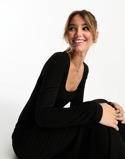 Miss Selfridge - Sort superblød langærmet maxikjole med firkantet hals, 3 af 4