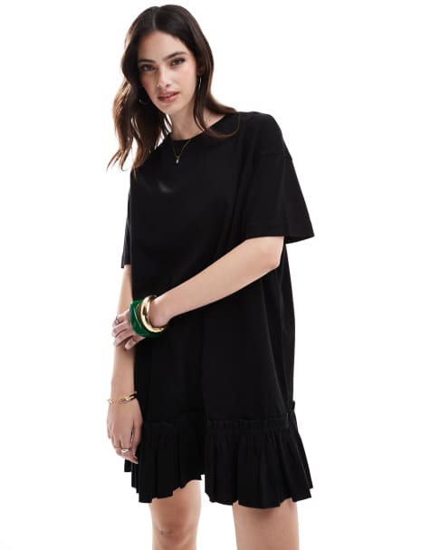Miss Selfridge - Sort T-shirt-kjole i poplin med flæsedetalje - view 1
