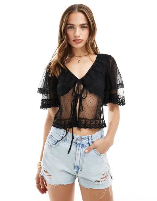Miss Selfridge - Sort tunika-top med bindebånd foran i gennemsigtigt dobby-mesh 