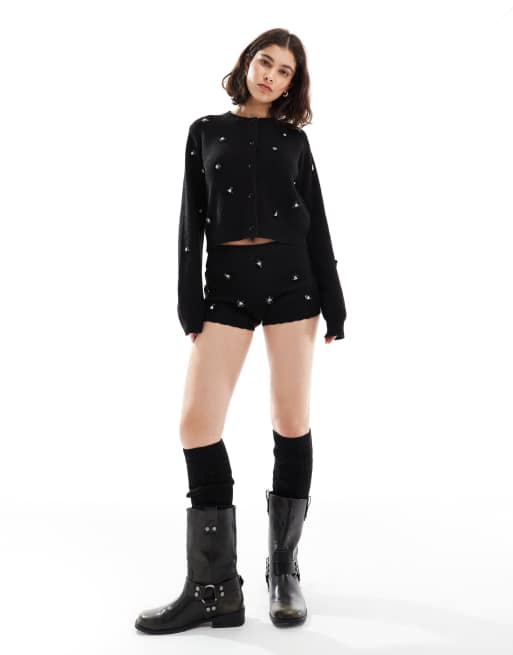 Miss Selfridge - Sorte booty-shorts i strik med udsmykninger - Del af sæt, 4 af 5