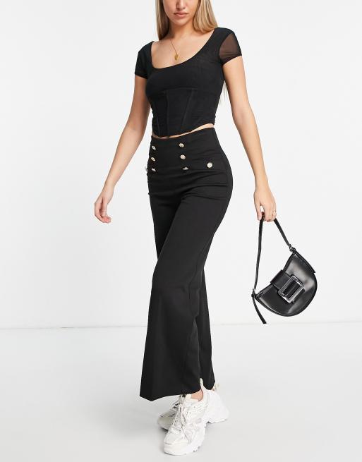 Miss Selfridge - Sorte bukser med vide ben og guldfarvede knapper i ponte-stof