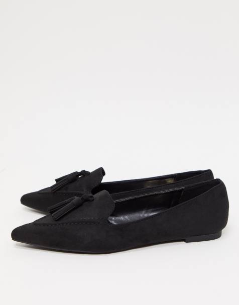Miss Selfridge – Spitze flache Schuhe mit Quasten in Schwarz