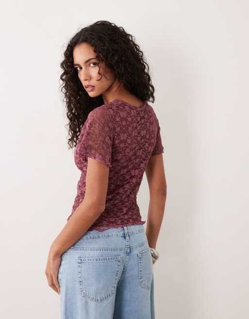 Miss Selfridge Spitzenoberteil mit Bindekragen und Flatterärmeln in Mauve, 4 von 4