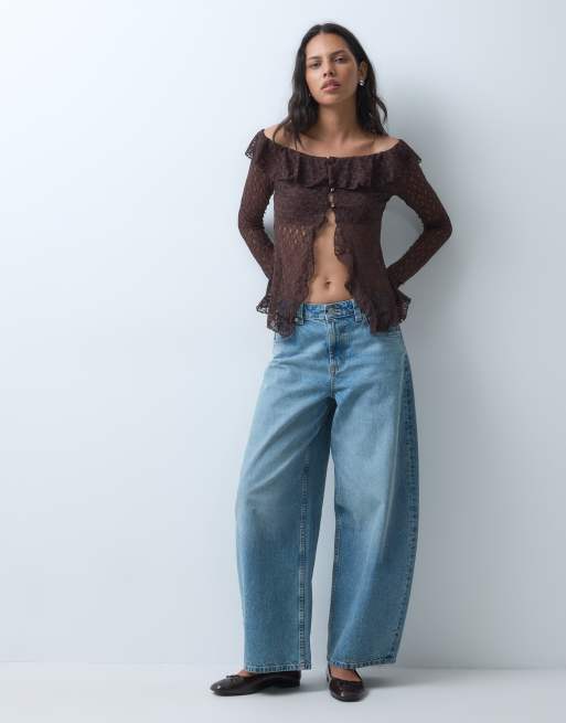 Miss Selfridge Spitzentop mit Knöpfen und Rüschen in Braun, 3 von 4