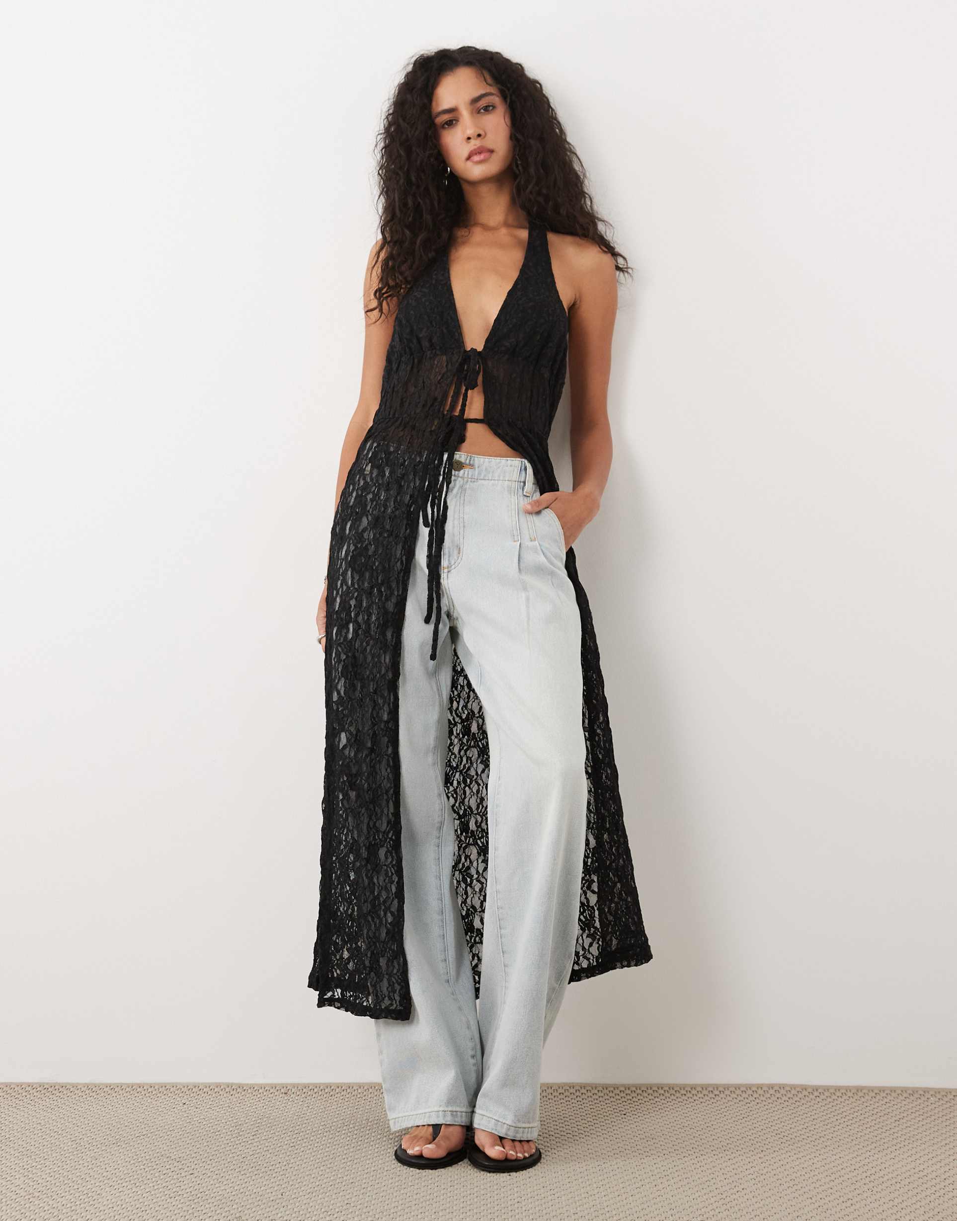 miss selfridge split tie front festival halter maxi top in black