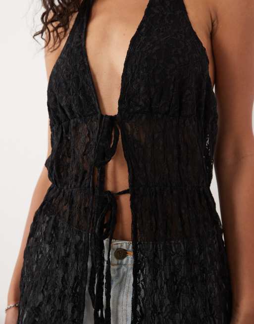 Miss Selfridge split tie front festival halter maxi top in black, 2 of 4
