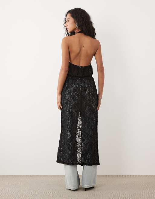Miss Selfridge split tie front festival halter maxi top in black, 3 of 4