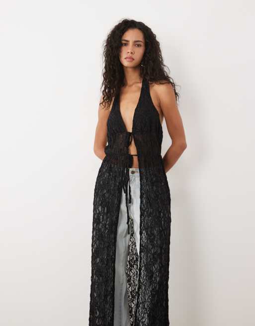 Miss Selfridge split tie front festival halter maxi top in black, 4 of 4