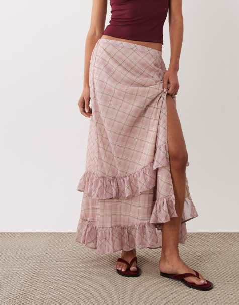 Miss Selfridge – Spódnica maxi z falbanką w kratę - view 1