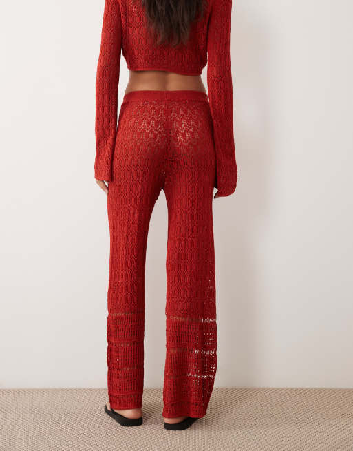 Miss Selfridge spodnie szydełkowane z szerokimi nogawkami czerwone, 4 z 5