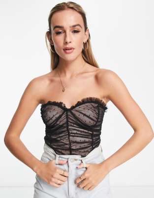 Miss Selfridge Spot Mesh Bandeau Bodysuit In Black