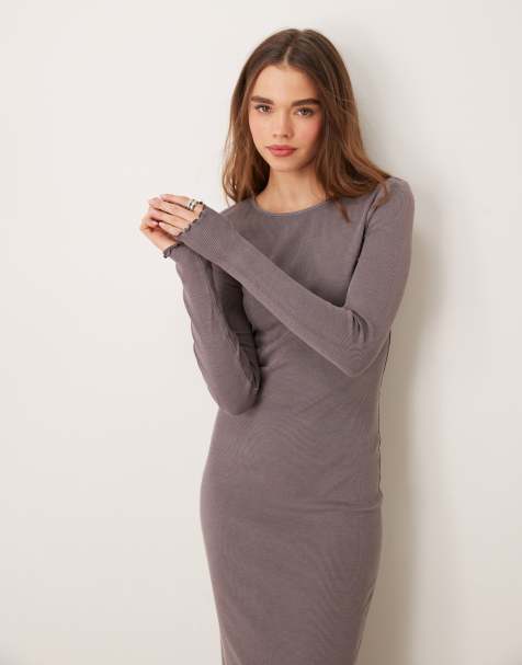 Miss Selfridge – Sprana ciemnobrązowa sukienka midi z długimi rękawami - view 1