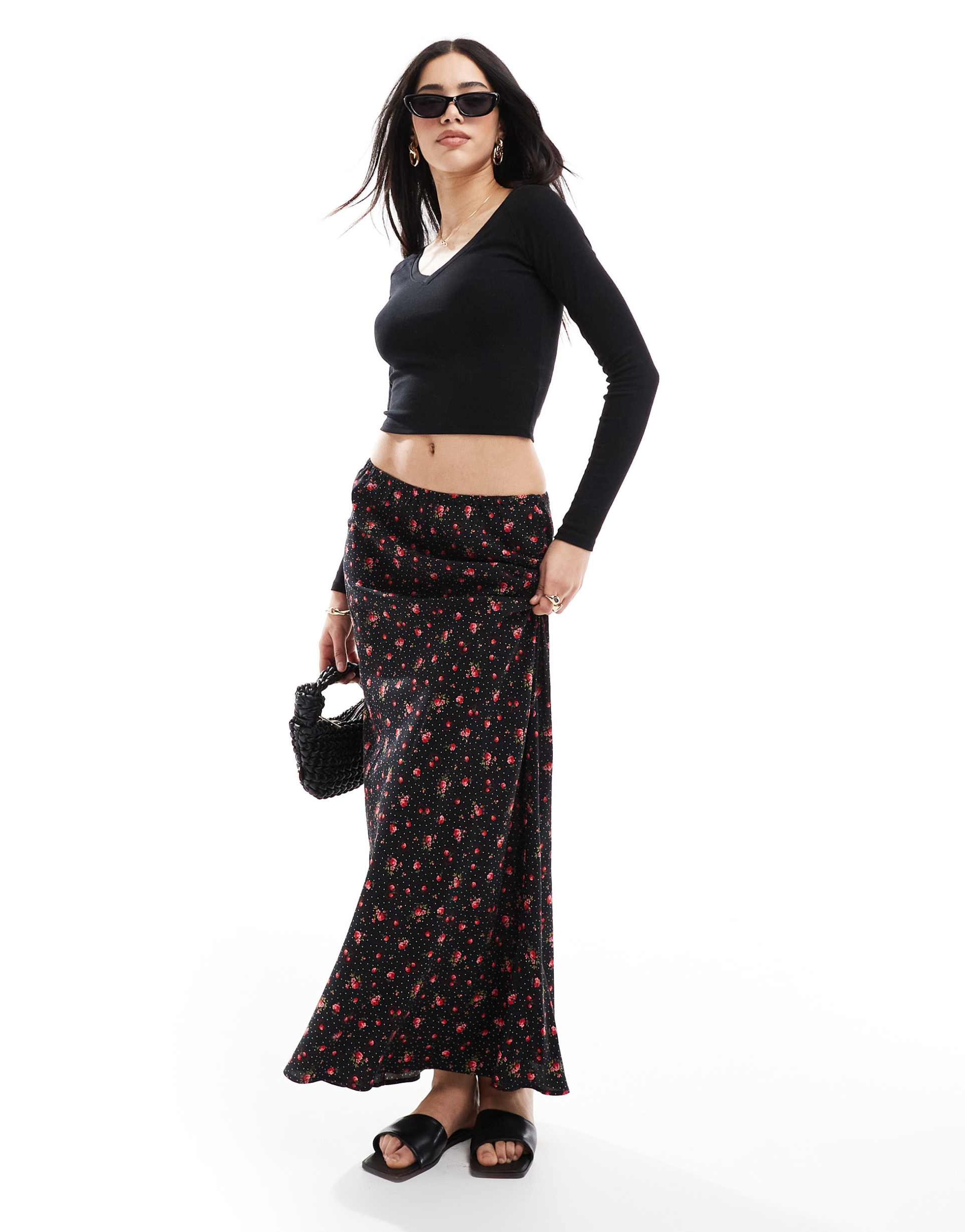 miss selfridge spun bias cut maxi skirt in black heart print