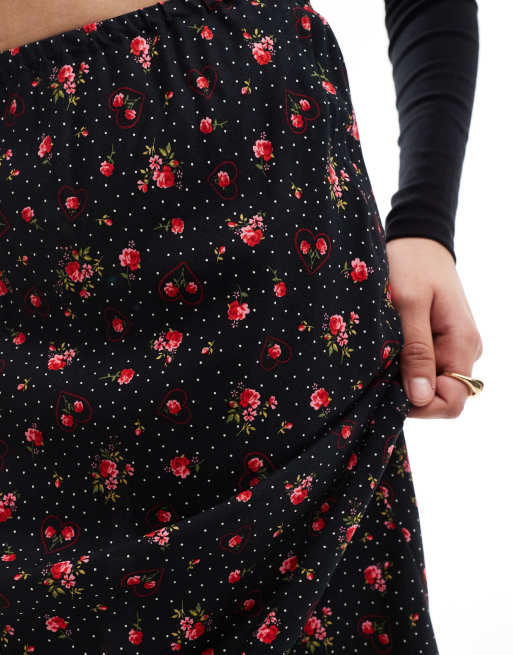 Miss Selfridge spun bias cut maxi skirt in black heart print, 3 of 5
