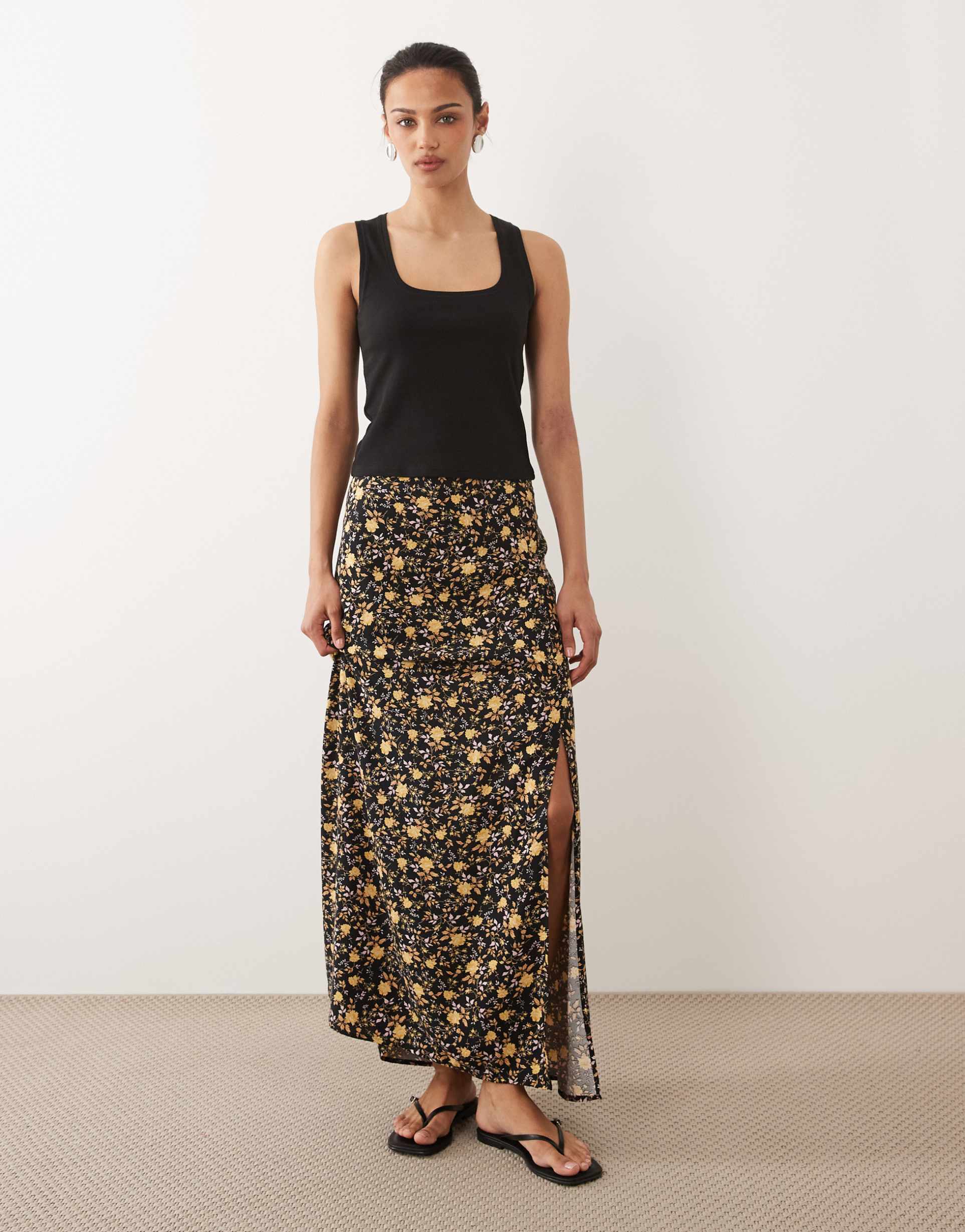 miss selfridge spun bias maxi skirt in brown floral